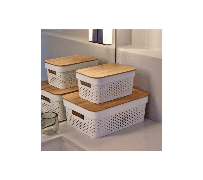 White storage bin with bamboo lid Trendz of today