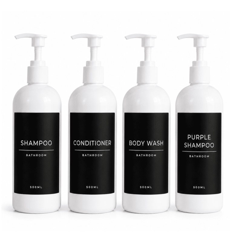 4 Pack White 500ml Pump Bottles with Water Resistant Labels